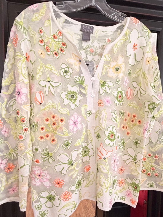 Sigrid Olsen Sweaters - Sigrid Olsen White Floral Embroidered Button-Front Top
